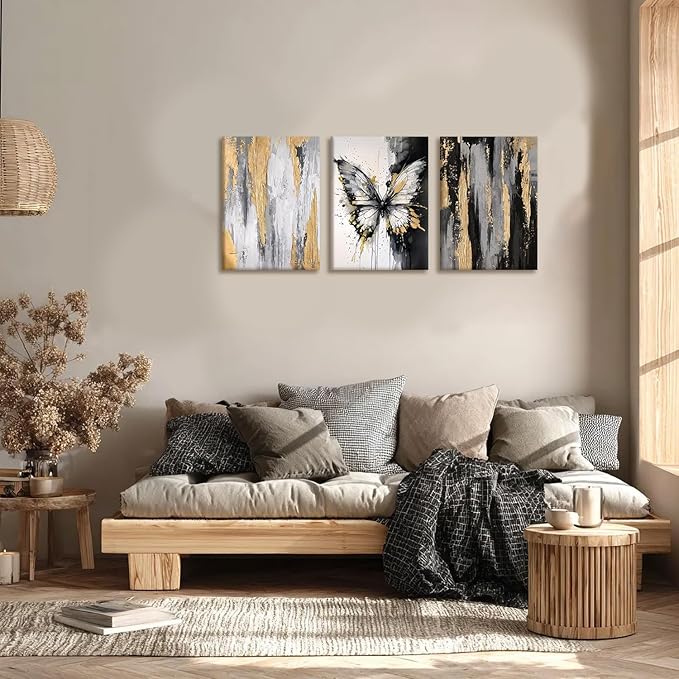 NCCXNCC 3Pcs Abstract Black and Gold Flowing Butterfly Canvas Wall Art Modern Minimalist Wall Decoration Artwork Black and White Abstract Poster Print Suitable for Living Room/Office16x24Inch Framed