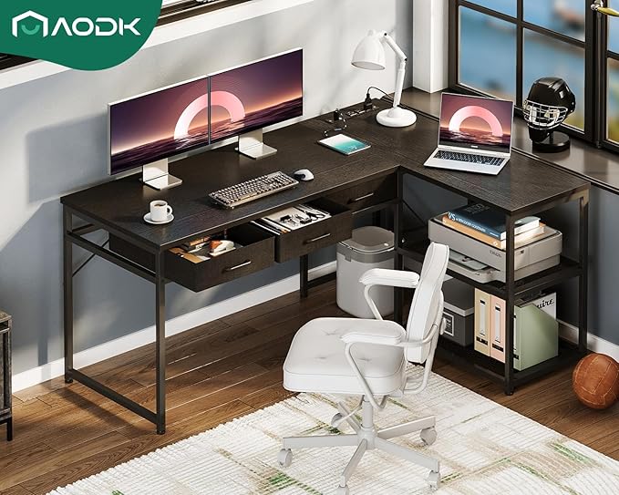 AODK 53 Inch L Shaped Computer Desk with Drawers, Corner Desk with Power Outlets & Reversible Storage Shelves, for Home Office Gaming, Black