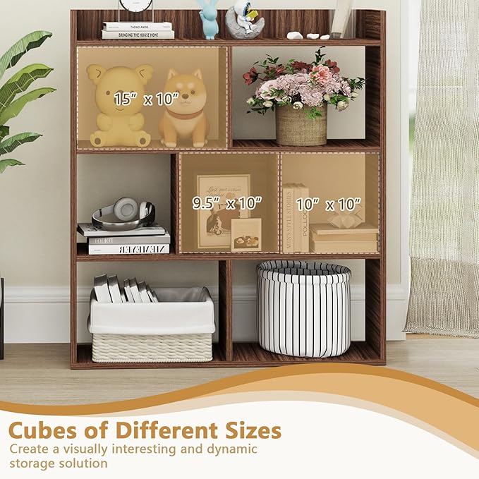 Tangkula 7-Cube Bookshelf, Floor Standing Open-Back Bookcase with Anti-Toppling Devices, Wooden Geometric Bookshelf, 4-Tier Storage Display Shelf for Living Room, Study, Office (2, Walnut)
