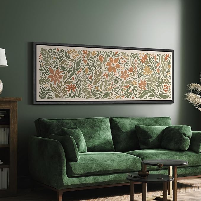 SIGNFORD Large Framed Canvas Folk Floral Garden in Earth Tones Illustrations Modern Art Calm Warm for Living Room, Bedroom, Office - 60"x20"