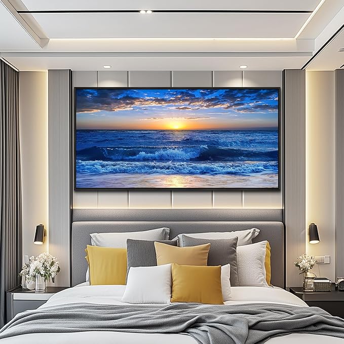 Sea Beach Framed Canvas Wall Art For Living Room Large Size Wall Decor For Bedroom Office Decor Blue Ocean Wall Pictures Artwork Sunny Sea View Wave Painting Home Decorations Black Framed 24" X 48"