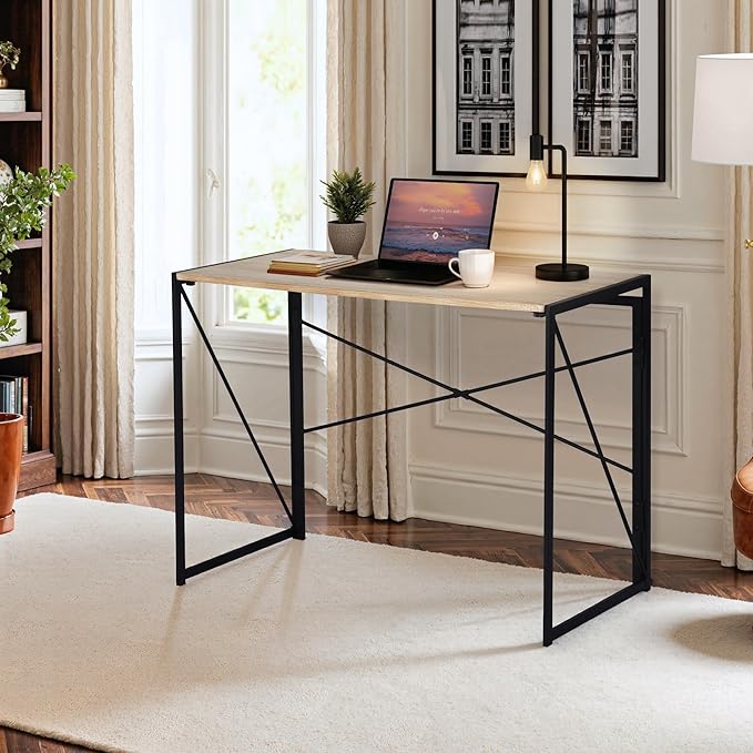 Homy Casa 39.4 Inch Foldable Laptop Desk, Space-Saving Computer Table with No Assembly Required, Sturdy Metal Frame, Minimalist Design for Home Office, Study, or Small Spaces, Oak