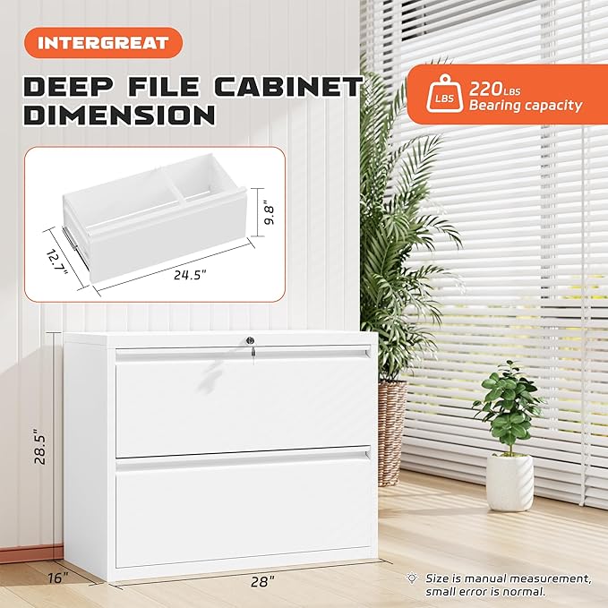 INTERGREAT White File Cabinet 2 Drawer, Metal Lateral Filing Cabinet with Lock, Office File Cabinets with Anti-tilt Mechanism for Letter/Legal/A4/F4, Easy Assemble