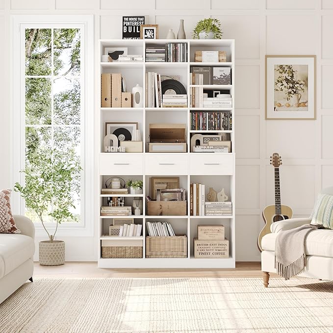 HOSTACK 75" Tall Book Shelf and Bookcase, 47" Wide Bookshelf with Drawers, Modern 9 Tier Bookcase with Storage, Large Wood Display Cabinet with Adjustable Shelves for Living Room, Home Office, White