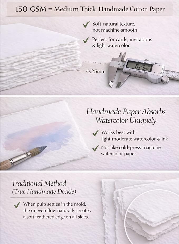 Handmade White Deckle Edge Blank Paper - 2x3 Inch Package of 50 - Mixed Media Loose Leaf Paper for Placecards, Vow Cards, Thick 150 GSM