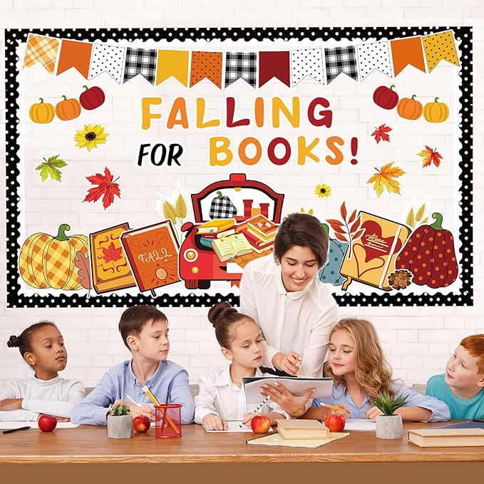 gisgfim Fall Bulletin Board Decorations Set Fall Thanksgiving Pumpkin Classroom Paper Cutouts Falling for Books Pumpkin Maple Leaf Bulletin Board Decor fo Home School Library Chalkboard Wall
