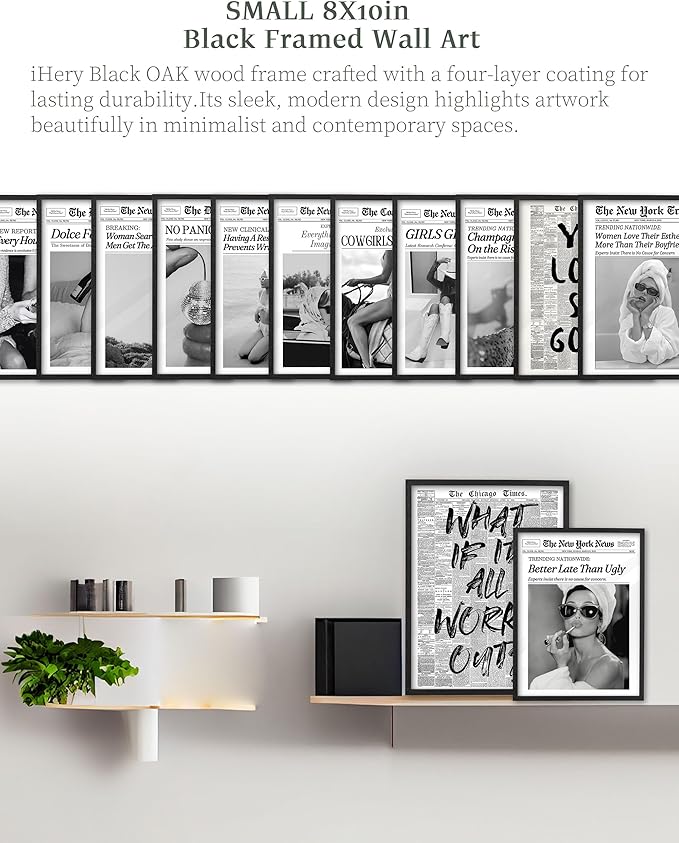 iHery Small Premium Natural Black OAK Wood 8x10in You Look So Good Trendy Inspirational Framed Wall Art, Vintage Girl Newspaper Canvas Motivational Wall Decor For Dorm Bedroom Living Room 1Pack