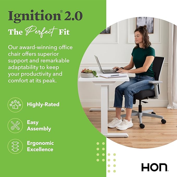 HON Ignition 2.0 Low Back Task Chair, Standard Synchro-Tilt Control, Office Chair with Lumbar Support, Height and Width Adjustable Arms, Titanium Frame, Black