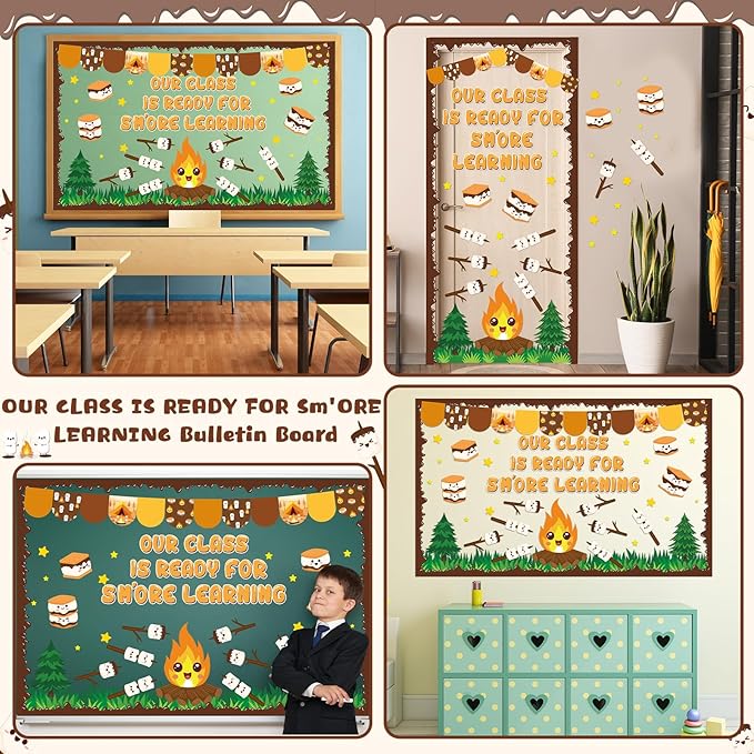 gisgfim Back to School Marshmallow S'More Bulletin Board Decoration Cookies Campfire Marshmallow Cutouts Woodland Camping Bulletin Board Border Set for Classroom School Chalkboard Wall Decor Supplies