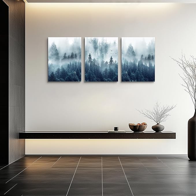 Misty Forests 3-Piece Framed Canvas Wall Art - Trees Landscape Pictures for Living Room, Bedroom, Office - Modern Wall Posters Home Decor
