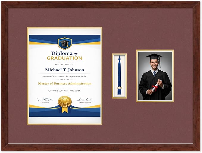 Diploma Tassel and Photo Frame Rustic Walnut Shadowbox Dark Red Over Gold Mat - Fits 10 x 13 Degree Picture Made in the USA
