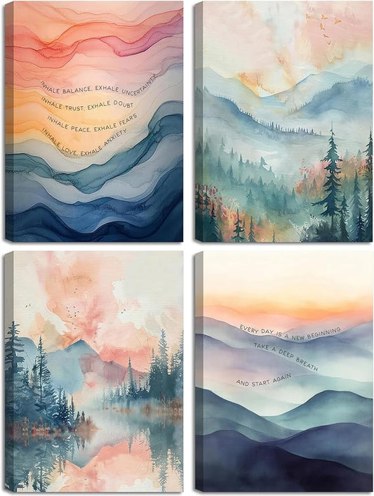4pcs Mental Health Inhale Exhale Meditation Canvas Wall Art Abstract Watercolor Painting Picture Wall Decor Therapy Office Pictures Poster Print Artwork for Meditation Room Calming Corner Decoration