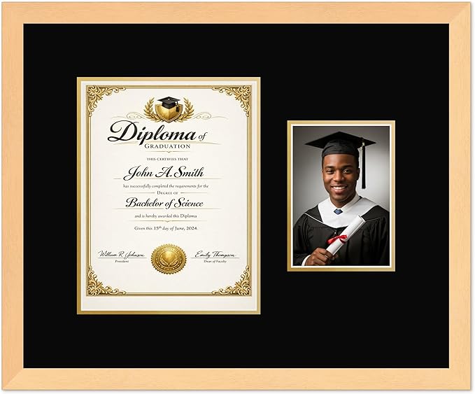 CountryArtHouse Fits 8.5 x 11 Certificate (Portrait) and 5 x 7 Photo Diploma and Photo Frame Natural Wood Genuine Hardwood with Black Over Metallic Gold Double mat