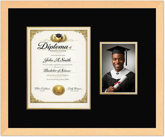 CountryArtHouse Fits 8.5 x 11 Certificate (Portrait) and 5 x 7 Photo Diploma and Photo Frame Natural Wood Genuine Hardwood with Black Over Metallic Gold Double mat