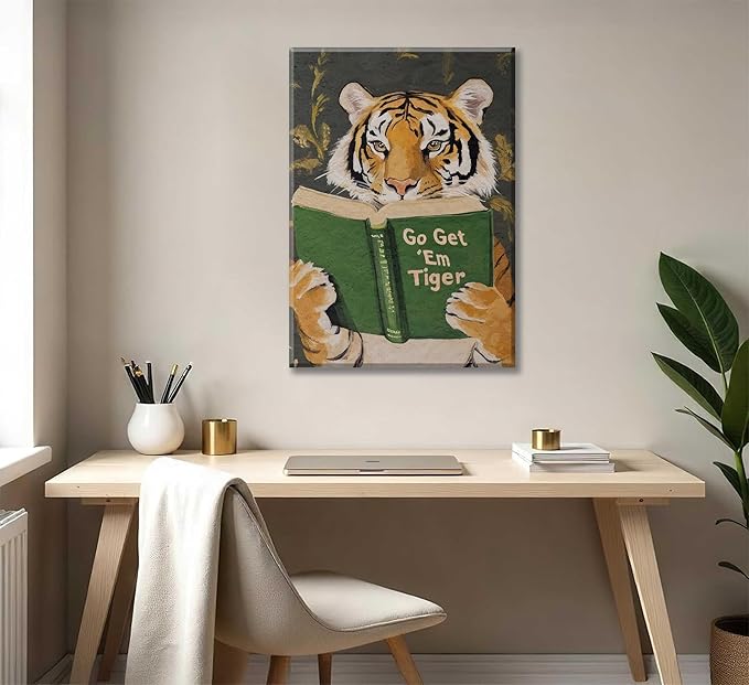 Vintage Motivational Tiger Reading Wall Art Go Get Em Tiger Canvas Wall Decor Funny Cute Prints Painting Humorous Bookworm Poster Picture For Home Bedroom Dorm Framed