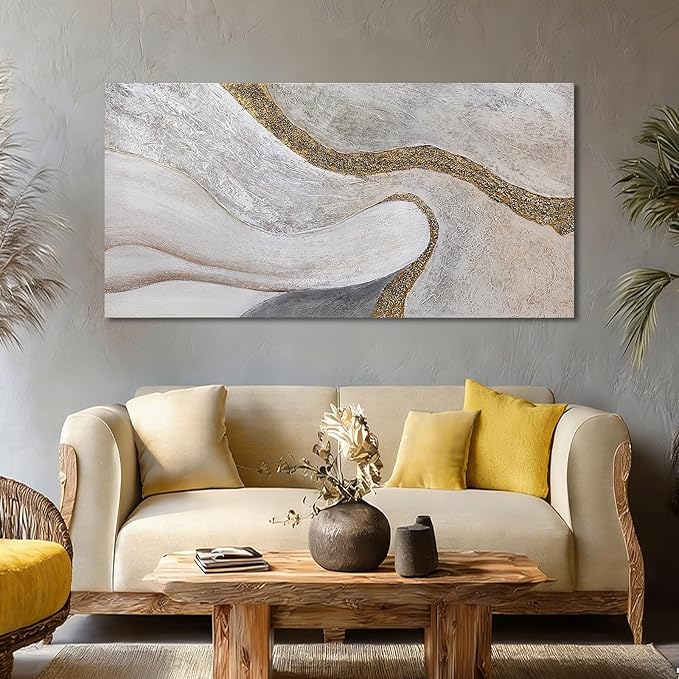 ZUNARE Modern White and Gold Abstract Canvas Wall Art Textured Posters Picture Flowing Line Design Minimalist Artwork for Living Room Bedroom Office Neutral Wall Decor 24x48 Inch