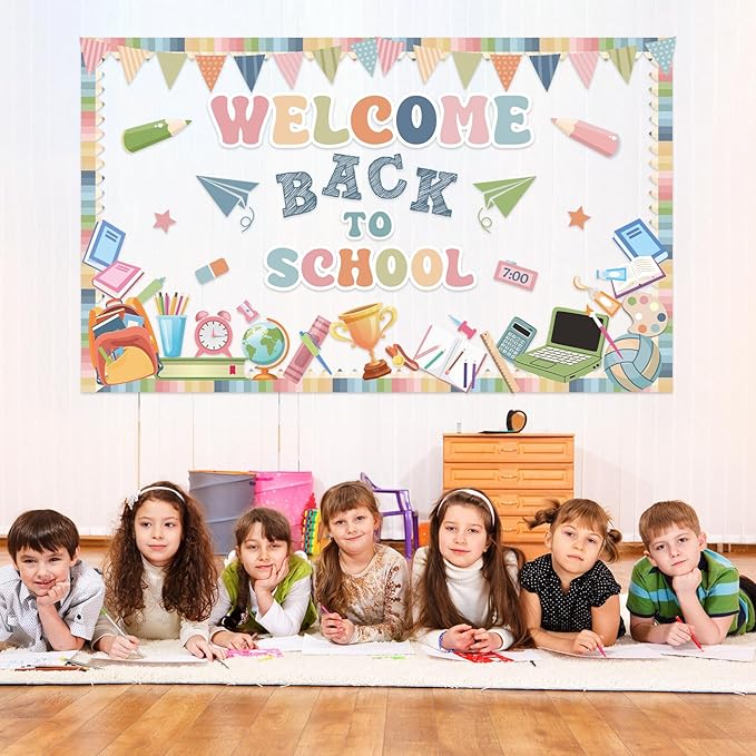 Boho Welcome Back to School Bulletin Board Set First Day of School Classroom Decorations Pencil Notebook Schoolbag Paper Cutouts for Teacher Preschool Elementary Classroom Chalkboard Wall Door Decor
