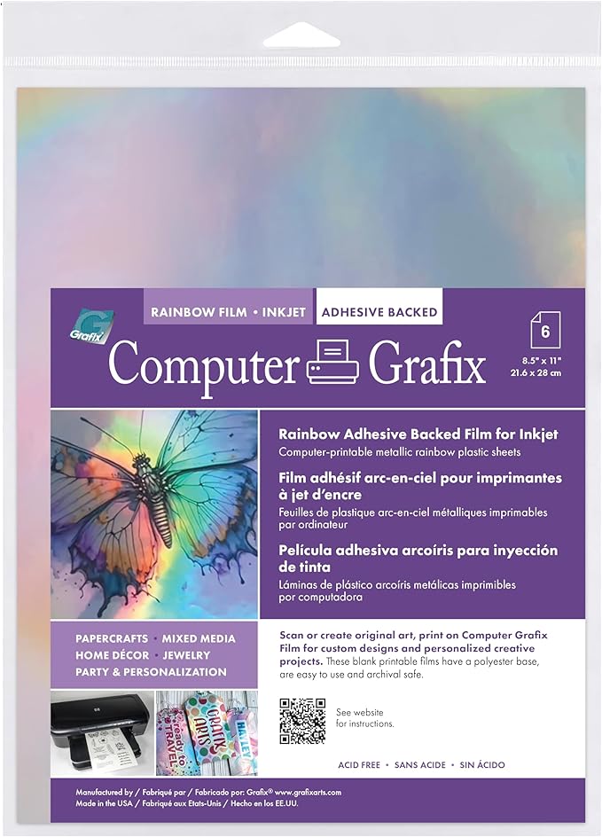 Computer Grafix Adhesive Backed Inkjet Film - Self-Stick Printable Film for Creating Custom Journals, Stickers, Photos, Jewelry and More, Ink Jet Printers Only 8.5 x 11”, Rainbow, 6 Pack