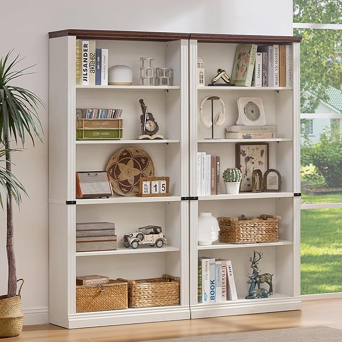 70" White Tall Bookshelf Set of 4,5-Tier Thick Wooden Book Shelf with Adjustable Shelves,Free Standing Farmhouse Bookcase with Open Display Storage,Floor Vintage Bookshelves for Living Room