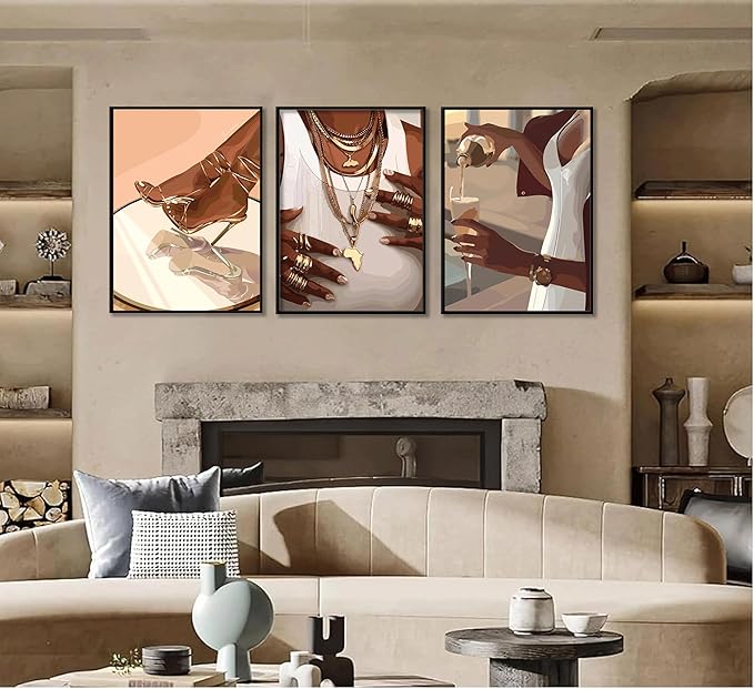 3PCS Black Woman Canvas Wall Art,Black Girl Poster Fashion Girl Abstract Pictures Prints Boho Black Female Paintings African American Woman for Nordic Minimalist Room Bedroom Wall Decor Unframed