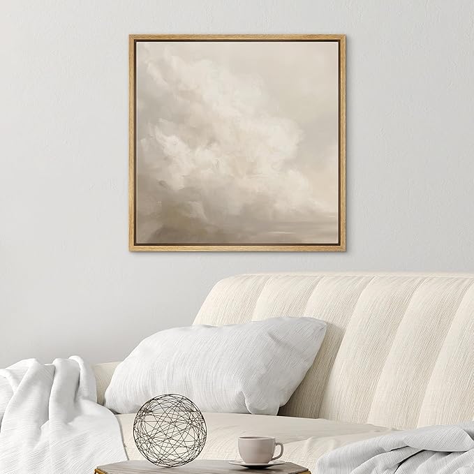 SIGNWIN Framed Canvas Print Wall Art Cloudy Sky Neutral Soft Beige Atmospheric Landscape Illustration Modern Art Decorative Nordic Minimal Calm/Zen for Living Room, Bedroom, Office - 24"x24" Natural