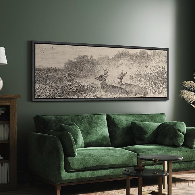 SIGNFORD Large Framed Canvas Vintage Deer Meadow Landscape Illustrations Modern Art Calm Warm for Living Room, Bedroom, Office - 60"x20"