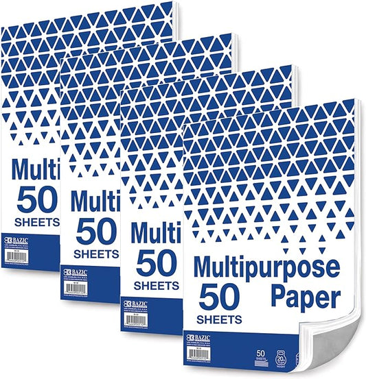 BAZIC Products Blank Paper Copy & Multipurpose Paper - 8.5" x 11" White Color Printer Paper for Inkjet, Laser, and Fax Machines, Ideal for Office, School, and Crafts, 50 Sheets/Pack, 50-Packs