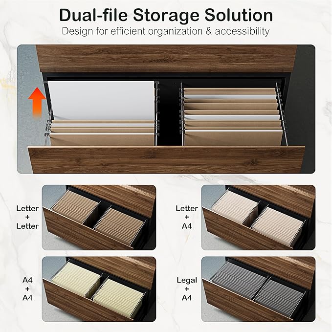 2 Drawer Lateral File Cabinet, 31W*23H Wood Filing Cabinet with Anti-tilt Mechanism, Home Office Storage Filing for Letter, A4 & Legal Size, Black Walnut