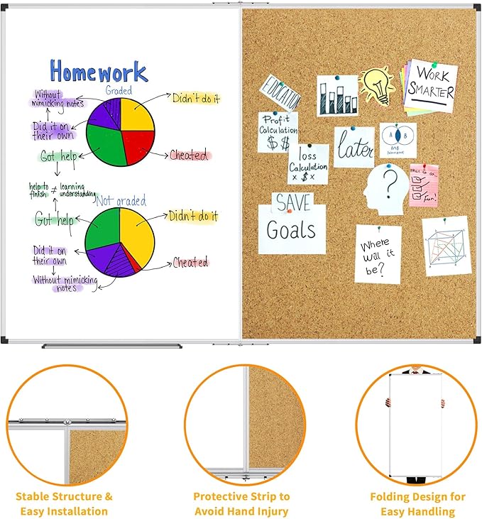 XBoard Magnetic White Board and Bulletin Corkboard Combination, 60 x 48 Inch Foldable Dry Erase & Cork Combo Board for wall with Aluminum Frame, 5' x 4' Notice Memo Board Pin Vision Board