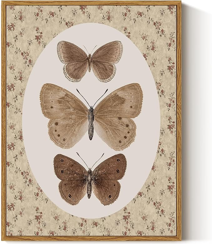 ARPEOTCY Framed Canvas Wall Art, Vintage Wall Decor, Retro Butterfly Pictures for Bedroom Bathroom Living Room, Antique Rustic Cottagecore Farmhouse Neutral Decorations, 12x16inch
