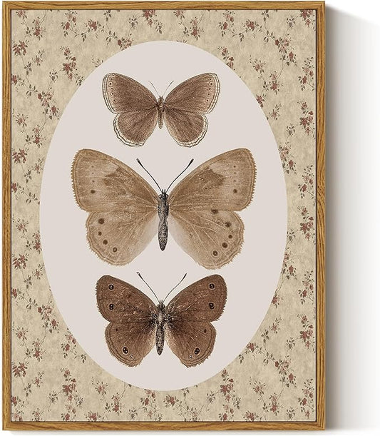 ARPEOTCY Framed Canvas Wall Art, Vintage Wall Decor, Retro Butterfly Pictures for Bedroom Bathroom Living Room, Antique Rustic Cottagecore Farmhouse Neutral Decorations, 12x16inch
