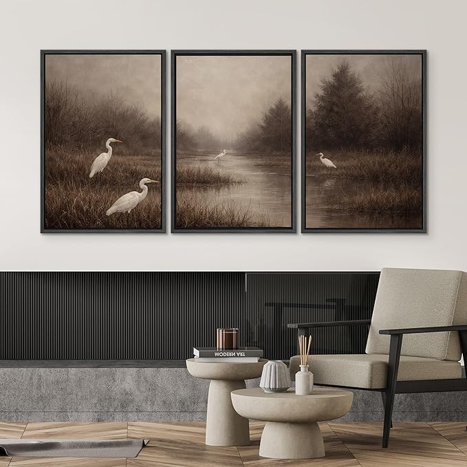 SIGNWIN Framed Canvas Print Wall Art Set Misty Marsh Herons Illustrations Decorative Relax/Calm Zen for Living Room, Bedroom, Office - 16"x24"x3 BLACK