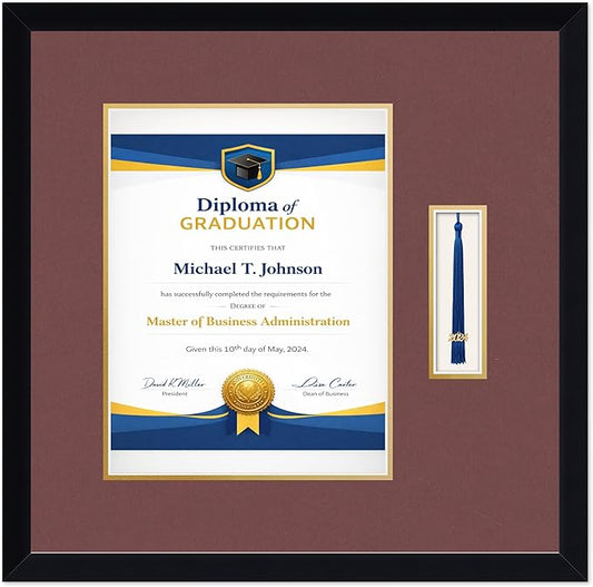 Diploma Frame with Tassel Holder Matte Black Shadowbox Dark Red Over Gold Mat - Fits 10 x 13 Degree Made in the USA