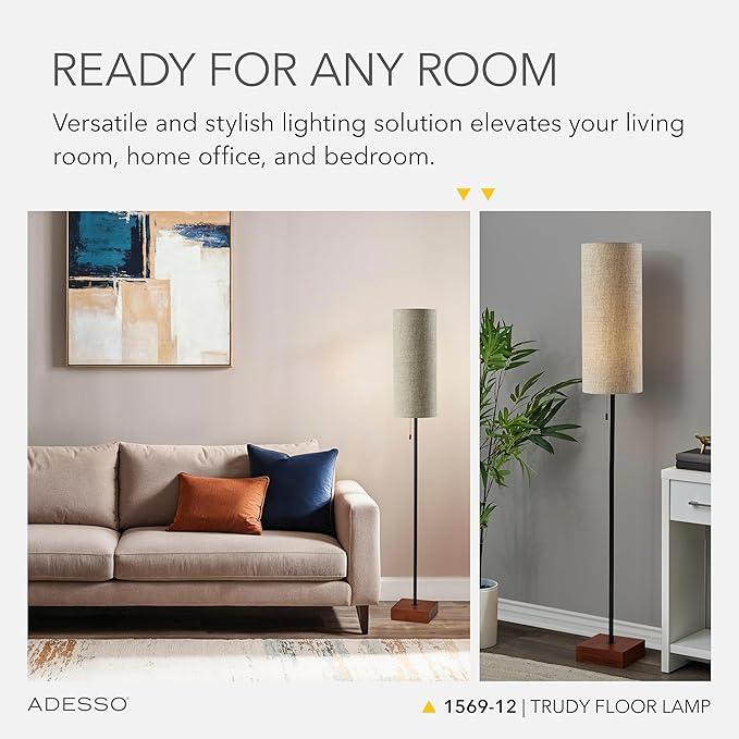 Adesso Floor Lamp with Walnut Base, Black Body and Beige Fabric Lampshade – Lamp for Bedroom, Living Room, and House Décor, 62” x 8.5”