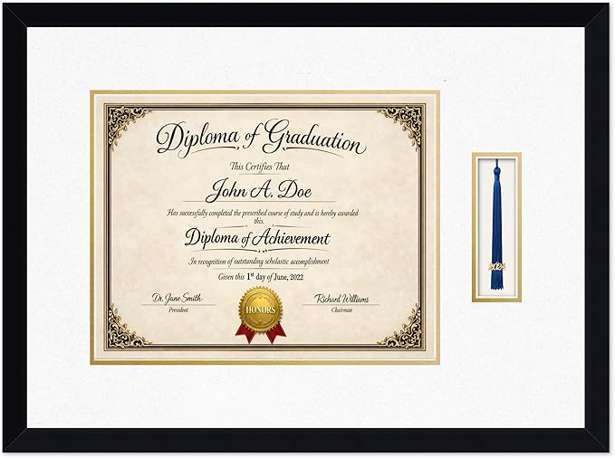 Diploma Frame with Tassel Holder Matte Black Shadowbox Oyster Shell Over Gold Mat - Fits 14 x 11 Degree Made in the USA