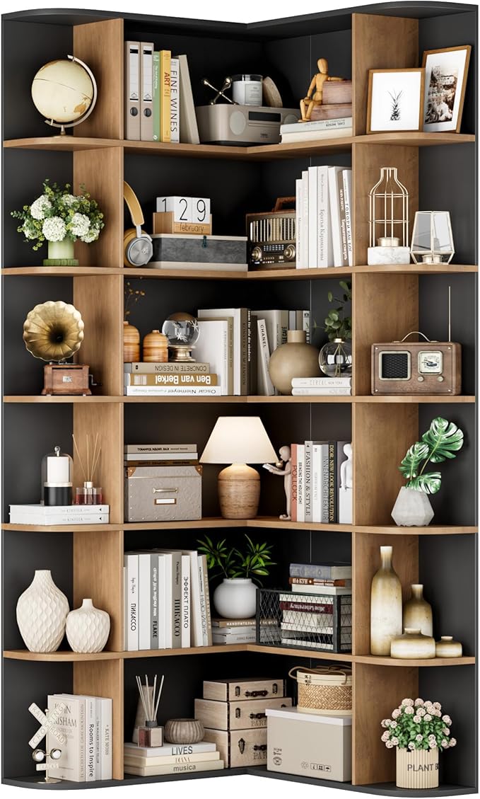 FOTOSOK 74” Tall Corner Bookshelf, 6-Tier Bookshelf and Bookcase with Open Storage, Tall Bookcases Wooden Storage Shelves for Home Office, Thickened Boards for Better Load Bearing, Black/Brown