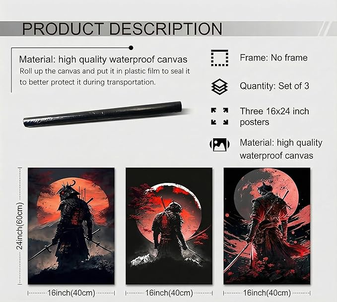 3pcs Japan Samurai Canvas Wall Art Japanese Bushido Posters Prints Paintings Japanese Style Full Moon Ninja Wall Decor Pictures for Living Room Bedroom Home Artwork Decoration Unframed