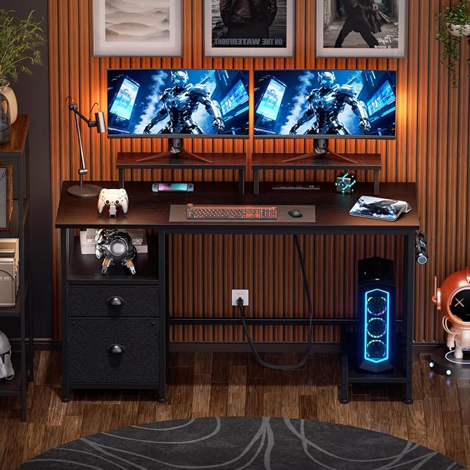 Furologee 47" Computer Desk with File Cabinet and Power Outlets, Home Office Desk with 2 Monitor Stands and Storage Drawer, Gaming Table with Shelves and 2 Hooks for Bedroom, Black