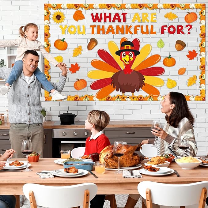 Thanksgiving Turkey Classroom Bulletin Board Decorations Autumn Fall Thankful Letters Cutouts Pumpkin Leaves Bulletin Board Border Set for Home School Chalkboard Wall Decor Supplies