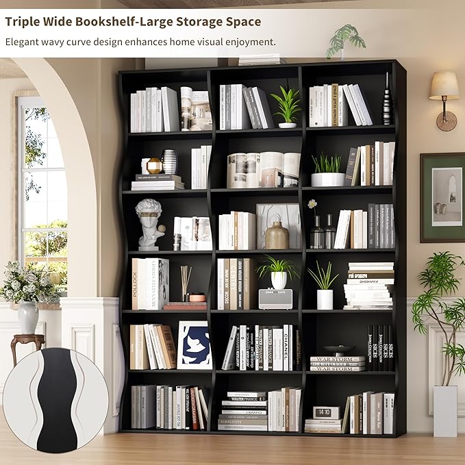 71" Triple Wide Bookshelf, 6 Tier Tall Bookcase with Storage, Large Book Shelves with 18 Open Display Shelves, Black Bookcase for Living Room, Study, Home Office, Library (Black)