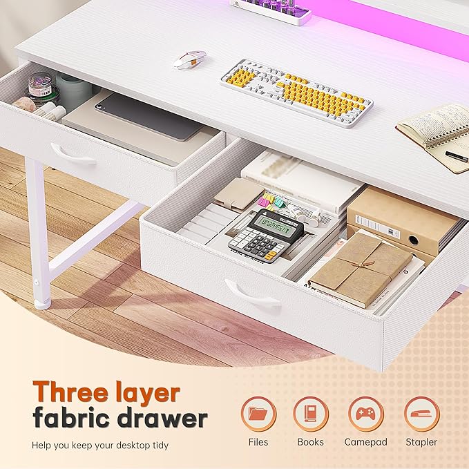 Computer Desk with 2 Drawers & LED Lights,39.4 Inch Home Office Desks with Side Pocket and Monitor Stand,Study Writing Table for Small Spaces,White