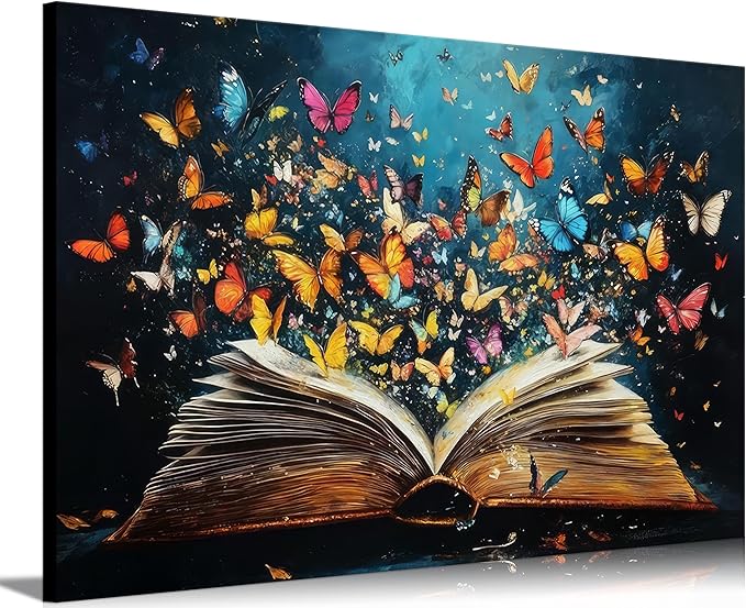 Colorful Butterfly Book Canvas Wall Art Butterfly Emerging From Book Picture Wall Decor Reading Enthusiasts Poster Print for Library Reading Room Bedroom Modern Reading Concept Home Decoration