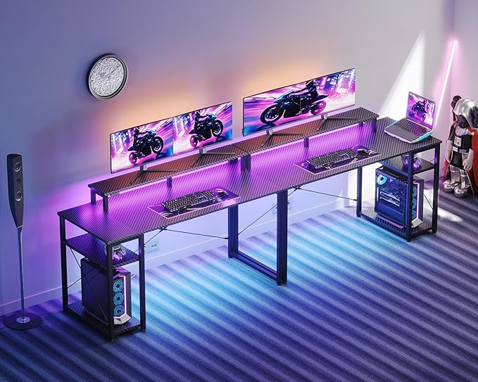 MOTPK 48 Inch Gaming Desk with Storage & Led Lights, Computer Desk with Shelf, Reversible Gamer Desk with Monitor Stand, Carbon Fiber Texture Black