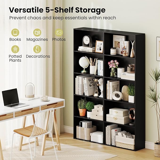 Giantex 5-Tier Bookshelf Set of 2, Freestanding Bookcase with 5 Open Shelf, Modern Display Shelf, Storage Organizer for Living Room Bedroom Home Office
