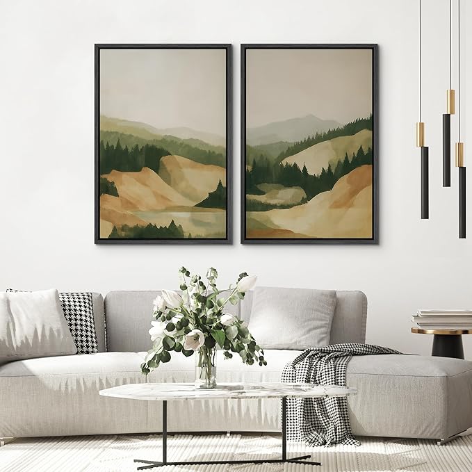 SIGNWIN Framed Canvas Print Wall Art Set Green and Beige Forest Hills Nature Mountain Landscape Illustrations Modern Art Decorative Multicolor for Living Room, Bedroom, Office - 16"x24"x2 Black