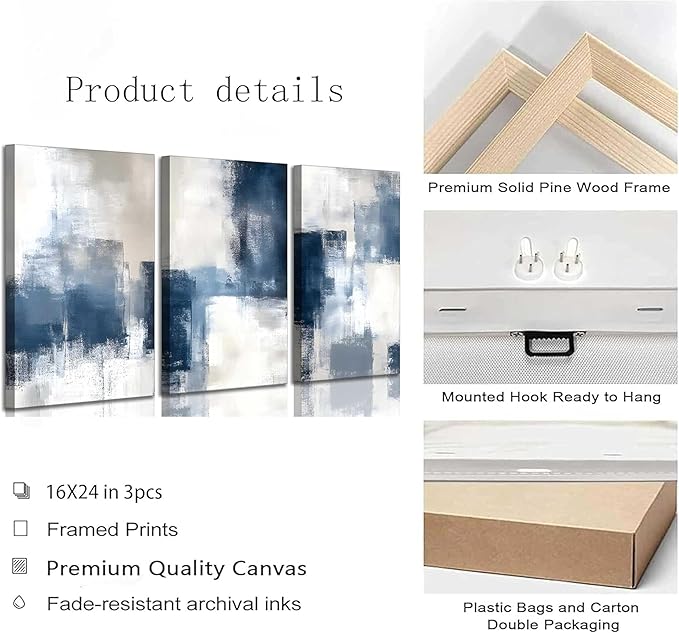3 Pcs Navy Blue Abstract Canvas Wall Art Modern Minimalist Neutral Blue and Grey Paintings Pictures Wall Decor Poster Print Artwork for Living Room Bedroom Office Home Decoration