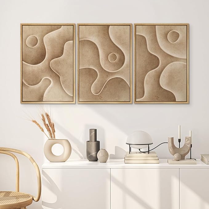 SIGNWIN Framed Canvas Print Wall Art Set Textured Sand Art Organic Curved Shapes in Neutral Tones Illustrations Modern Art Decorative Abstract for Living Room, Bedroom, Office - 16"x24"x3 Natural