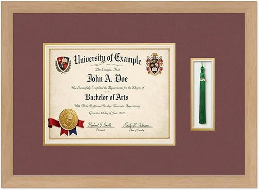 CountryArtHouse Diploma and Tassel Frame Fits 11 x 8.5 US Letter Certificate with Tassel H Natural Wood Genuine Hardwood Shadowbox with Dark Red Over Metallic Gold Double mat