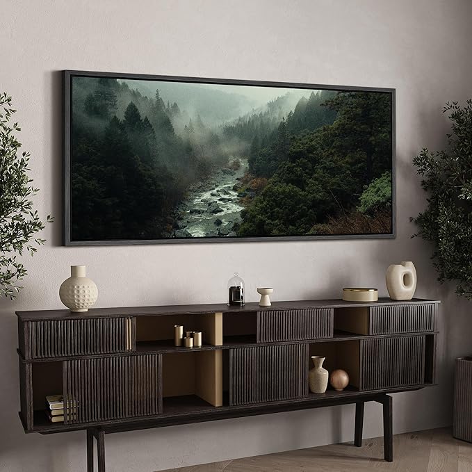 SIGNFORD Extra Large Framed Canvas Misty Forest River Landscape Nature Photography Illustrations Modern Art Calm Warm for Living Room, Bedroom, Office - 60"x30"