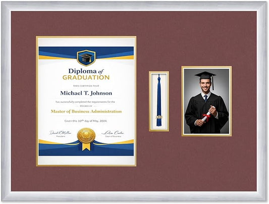 Diploma Tassel and Photo Frame Stainless Silver Shadowbox Dark Red Over Gold Mat - Fits 10 x 13 Degree Picture Made in the USA